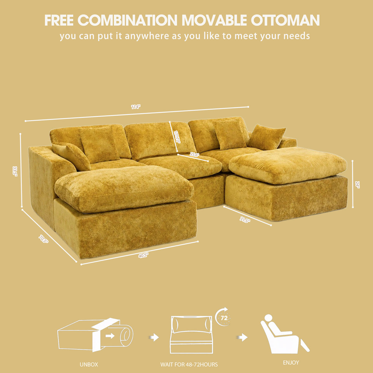 115'' U-shape 5-Piece Corner Modular Sectional Sofa, Extra Deep Living Room Couch