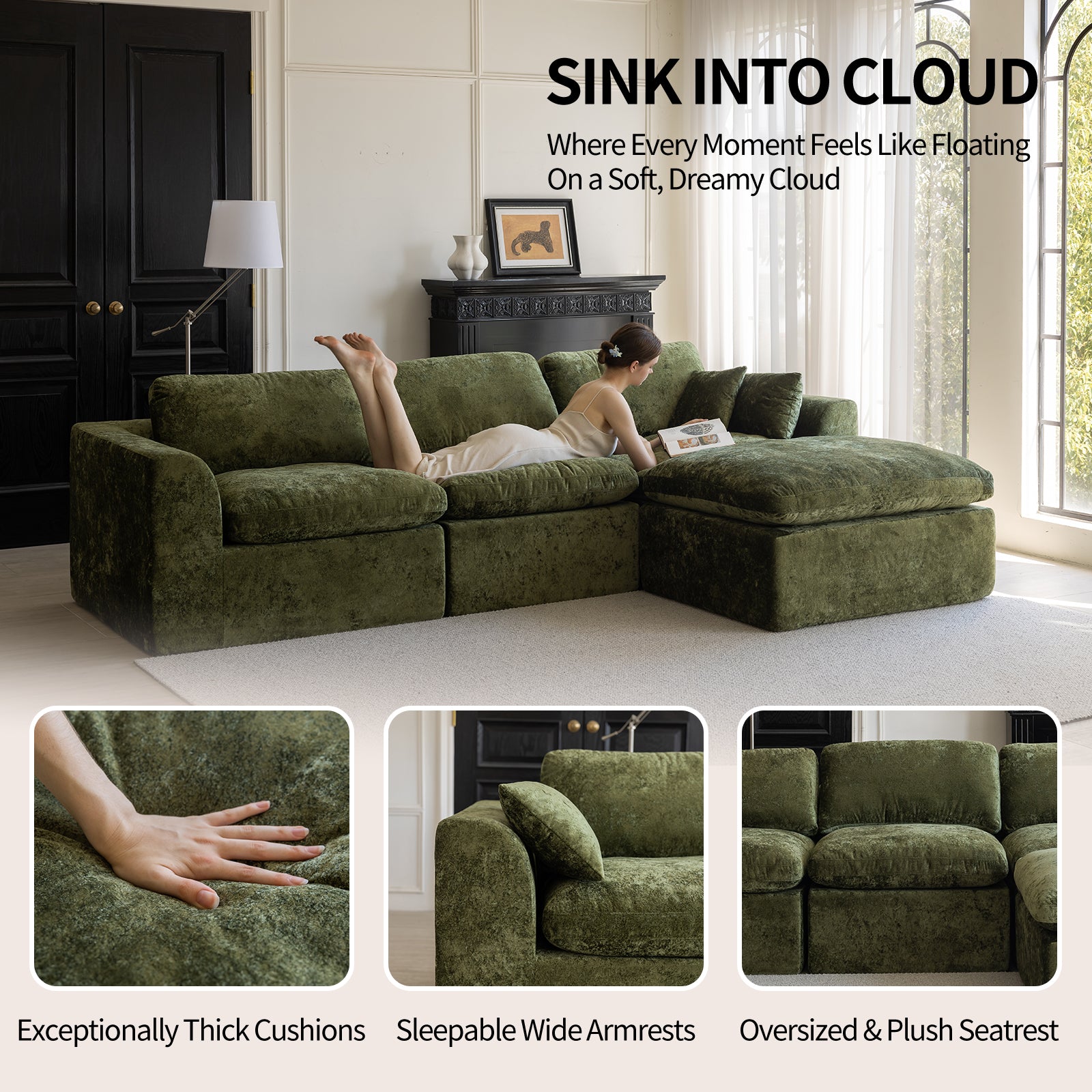 Cloud Sectional Couch for Living Room, Modern L-Shape Sofa with Back Cushion, Oversized Convertible Deep Chenille Seater Modular Couches
