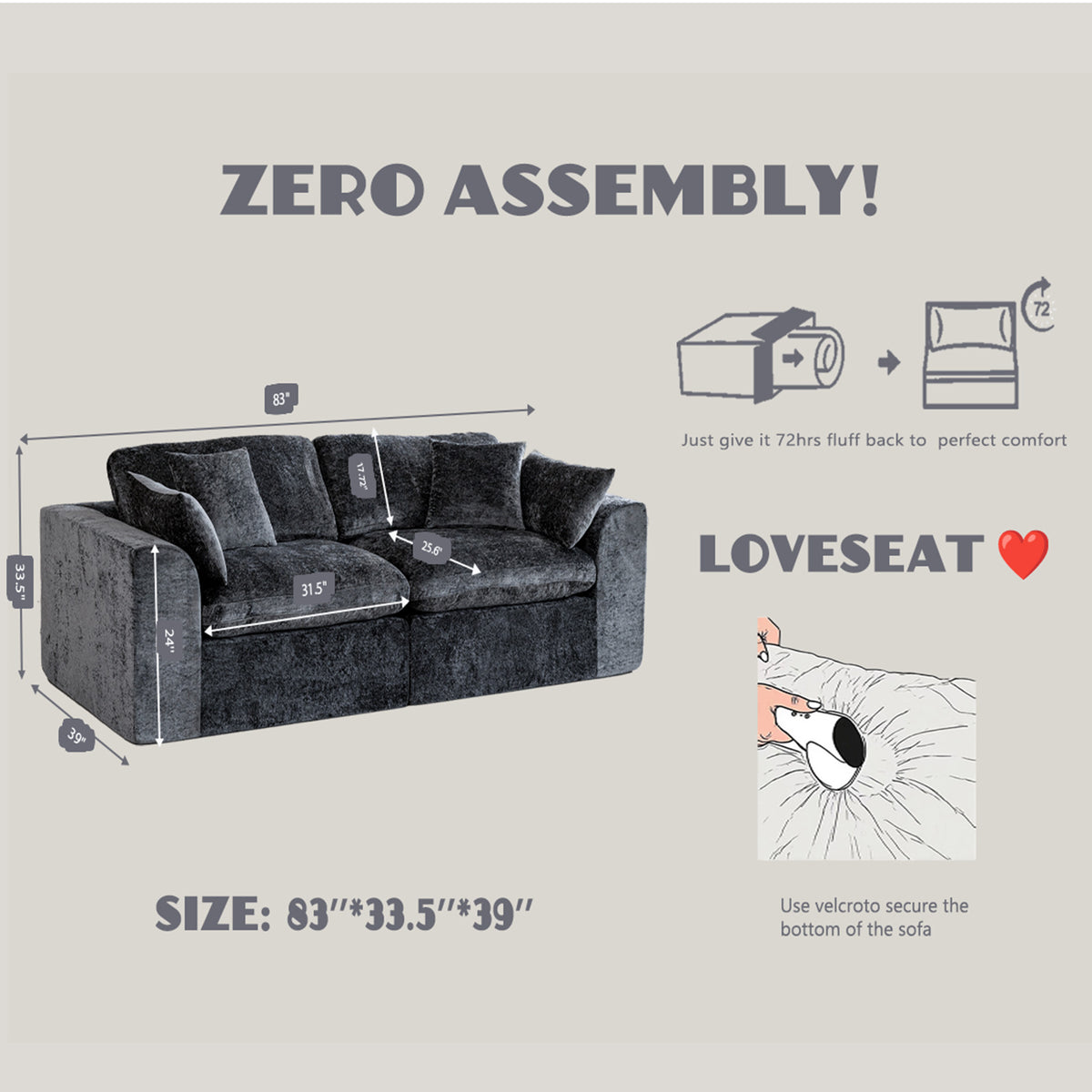 niusonlan 2-Piece Modular Loveseat, Deep Seat Chenille Living Room Sofa